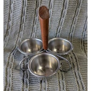 Mid Century Modern Condiment Server Caddy Wood Handle Stainless Steel 3 Bowl